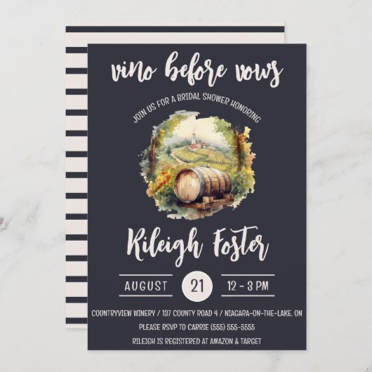 Vino Before Vows, Weingarten, Barrel, Brautparty Einladung (Vorne/Hinten)