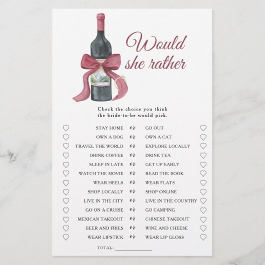 Vino Bridal shower Would she rather game (Vorderseite)