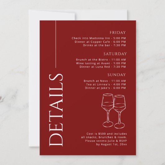 Vino vor den Vows Bachelorette Weekend Einladung (Rückseite)