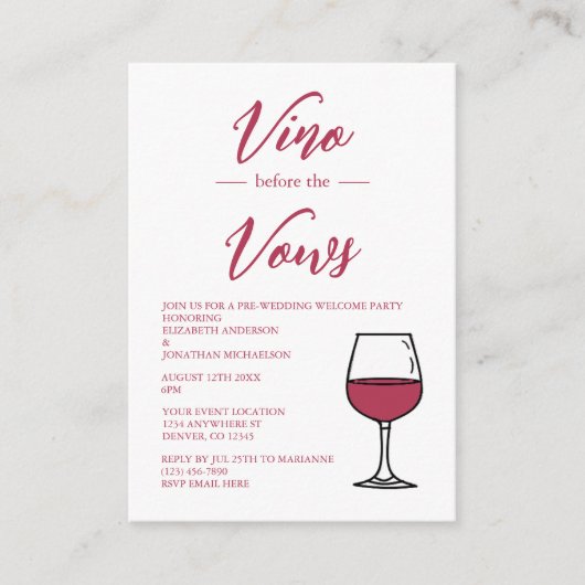 Vino vor den Vows vor der Hochzeit Begrüßung Party Begleitkarte (Vorderseite)