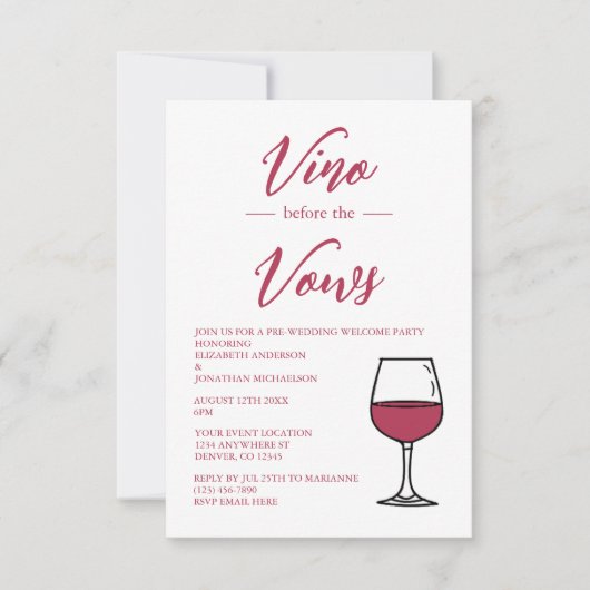 Vino vor den Vows vor der Hochzeit Begrüßung Party Einladung (Vorderseite)