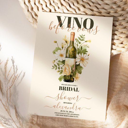 Vino vor Vows Gold White Floral Brautparty Einladung