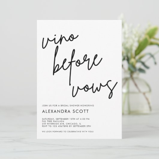 Vino vor Vows Minimalistisch Modernes Brautparty Einladung (Stehend Vorderseite)