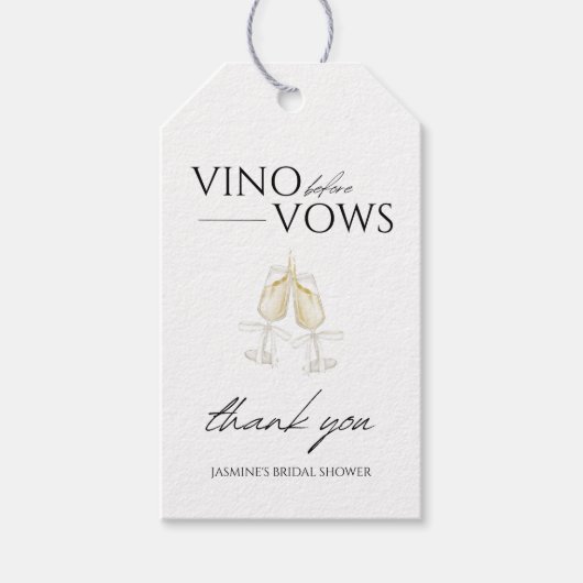 Vino vor Vows Weißes Brautparty Geschenkanhänger (Vorderseite)