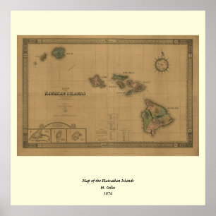 Vintag 1876 Hawaii Map - Hawaiianische Inseln Poster
