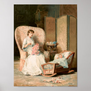 Vintag 1888 Mutter und Baby im Schlaf, wiederherge Poster