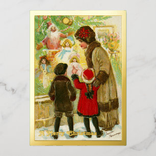 Vintag 1912 Mutter & Kind Frohe Weihnachtsgolden Folien Feiertagskarte