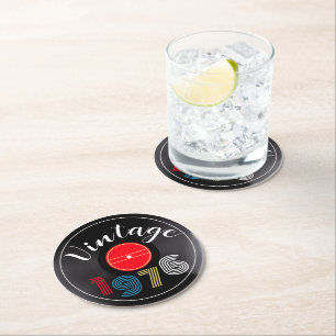 Vintag 1976 Retro Stripe Record 50. Geburtstag Runder Pappuntersetzer
