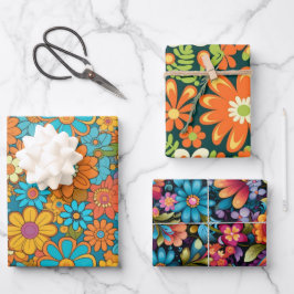 Vintag 70er Retro Hippie Style Blume Power Boho Geschenkpapier Set