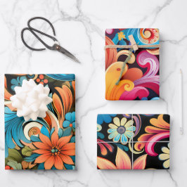 Vintag 70er Retro Hippie Style Blume Power Boho Geschenkpapier Set