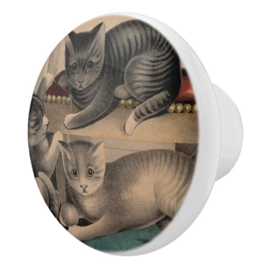 Vintag Adorable Kittens Lithograph Keramikknauf (Rechts)