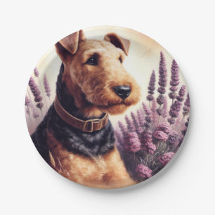 Vintag Airedale Terrier Painting Pappteller
