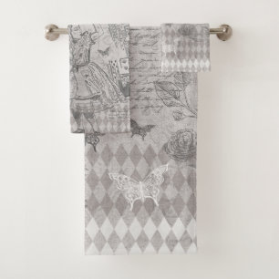 Vintag Alice Wonderland Decoupage Gray Badhandtuch Set