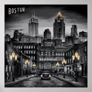 Vintag America Boston City Skyline, Boston Ma Us Poster
