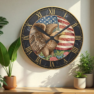 Vintag American Eagle Clock, American Flag / USA Runde Wanduhr