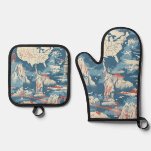 Vintag American Sehenswürdigkeit Pattern - Liberty Ofenhandschuh & Topflappen-Set