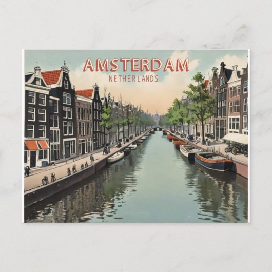 Vintag Amsterdam Niederlande Wasserfront & Boat Postkarte (Vorderseite)