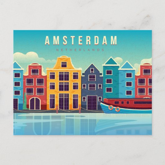 Vintag Amsterdam Niederlande Wasserfront & Boat Postkarte (Vorderseite)