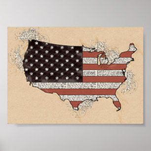 Vintag antike USA Souvenir Flag Karte Poster