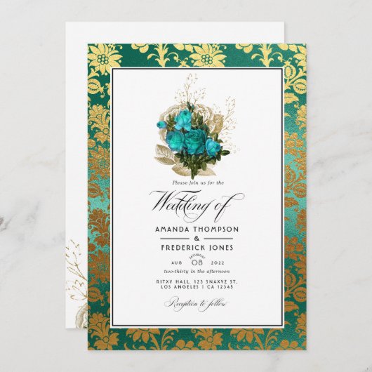 Vintag Aquamarin - Hochzeit mit Türkis und Goldflo Einladung (Vorne/Hinten)