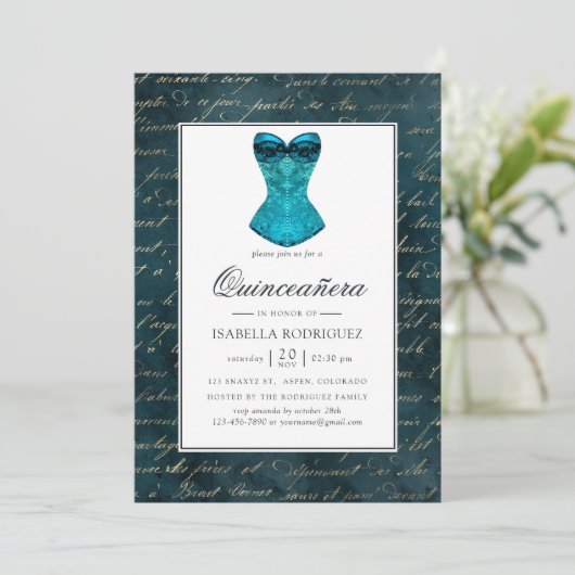 Vintag Aquamarin - Türkis Masquerade Quinceañera Einladung (Stehend Vorderseite)