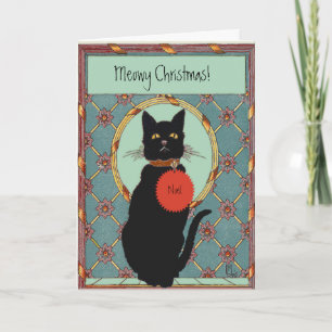 Vintag Art Black Cat "Meowy Christmas" Feiertagskarte