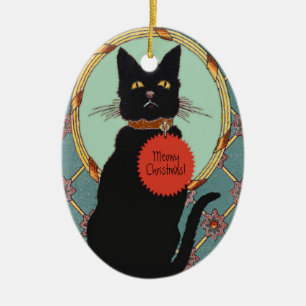 Vintag Art Black Cat Meowy Weihnachten Keramikornament