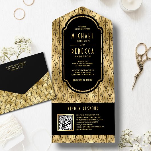 Vintag Art Deco Black Gold QR Code Hochzeit All In One Einladung