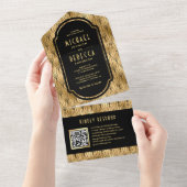 Vintag Art Deco Black Gold QR Code Hochzeit All In One Einladung (Abreißen)