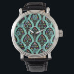 Vintag Art Deco Blume Fan Mosaik Armbanduhr<br><div class="desc">Ein Vintager,  kunstvoller Deko inspirierte ein fächerförmiges Muster mit farbenfrohen Blume auf schwarz mit einem minzgrünen,  leicht geometrischen Hintergrund. Inspiriert von den rauschenden Zwanziger / Gatsby. Ein klassisches,  hübsches,  modernes Blumendesign für jeden,  der die 20er Jahre liebt. Die Uhrennummern sind blau-grün mit einer weißen Kontur.</div>