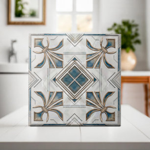 Vintag Art Deco Fleur-de-lis - Pearl Blue Gold Fliese