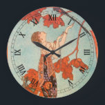 Vintag Art Deco, Flighty Bird von George Barbier Große Wanduhr<br><div class="desc">Vintage Illustration Deko Bild mit einer schönen Modefrau,  die ein Blumenkleid mit ihrem Hausvogel mit langen Schwanz Federn in einem Baum trägt. Ein leerer Käfig,  aus dem der Vogel entkommen ist,  liegt neben der glamourösen Dame auf dem Boden. Flighty Bird (L'Oiseau Volage) von George Barbier,  1914.</div>