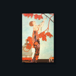 Vintag Art Deco, Flighty Bird von George Barbier Leinwanddruck<br><div class="desc">Vintage Illustration Deko Bild mit einer schönen Modefrau,  die ein Blumenkleid mit ihrem Hausvogel mit langen Schwanz Federn in einem Baum trägt. Ein leerer Käfig,  aus dem der Vogel entkommen ist,  liegt neben der glamourösen Dame auf dem Boden. Flighty Bird (L'Oiseau Volage) von George Barbier,  1914.</div>
