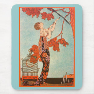 Vintag Art Deco, Flighty Bird von George Barbier Mousepad