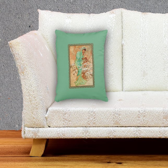 Vintag Art Deco Lady Green Golden Tree Dekokissen (Fantasy lady in mint green in golden tree with snow in frame on green decorative pillow.)
