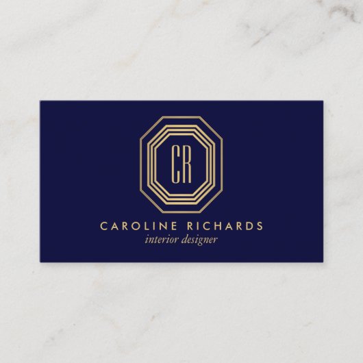 Vintag Art Deco Monogram Gold/Navy Visitenkarte (Vorderseite)