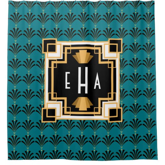 Vintag Art Deco Palmetto Muster Monogram Duschvorhang (Vorderseite)