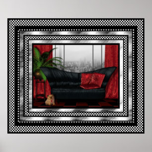 Vintag Art Deco Poster Silver Black Sofa Cat