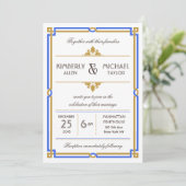Vintag Art Deco Sapphire Blue & Gold Wedding Einladung (Stehend Vorderseite)