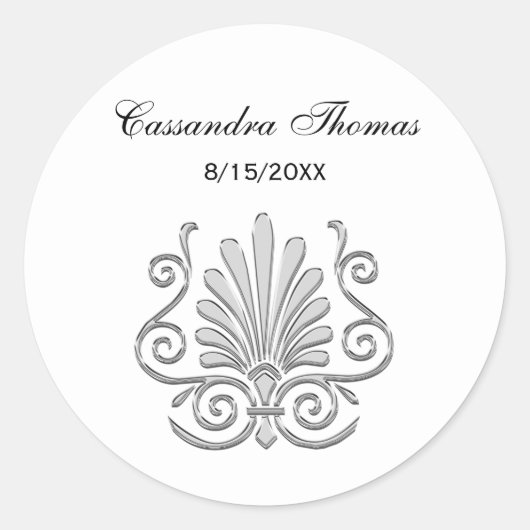 Vintag Art Deco Silver Plume Arabesque Runder Aufkleber (Vorderseite)
