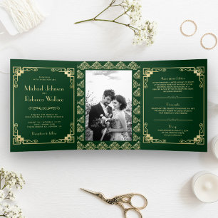 Vintag Art Deco Stil Grün und Gold Hochzeit Dreifach Gefaltete Einladung