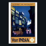 Vintag Art Deco Street by Moonlight India Travel Poster<br><div class="desc">Dies ist ein digital erweiterter Ausdruck eines Vintagen Art-Déco-Reiseplakats aus dem Jahr 1920,  das eine mondbeleuchtete Straßenszene mit Ochenkarren zeigt. Der Text lautet: "Eine Straße im Mondlicht. Besuchen Sie Indien. Anwendung: India Staat Railways Bureau. 38 East 57th Street,  New York.</div>