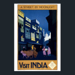 Vintag Art Deco Street by Moonlight India Travel Poster<br><div class="desc">Dies ist ein digital erweiterter Ausdruck eines Vintagen Art-Déco-Reiseplakats aus dem Jahr 1920,  das eine mondbeleuchtete Straßenszene mit Ochenkarren zeigt. Der Text lautet: "Eine Straße im Mondlicht. Besuchen Sie Indien. Anwendung: India Staat Railways Bureau. 38 East 57th Street,  New York.</div>