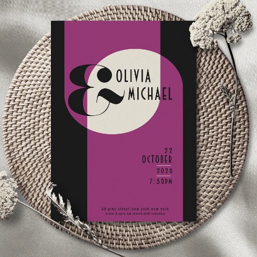 Vintag Art Deco Wedding Black Magenta Einladung