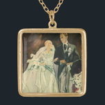 Vintag Art Deco Wedding Bridge und Groom Newlyweds Vergoldete Kette<br><div class="desc">Vintages Bild Liebe und romantische Kunst Deko mit einer Braut und Bräutigam,  die den Gang nach der Hochzeitsfeier hinunter gehen. Der Mann trägt einen Smoking und die Frau trägt ein weißes Hochzeitskleid und trägt einen Strauß von Calla Lilie Blume. Das glückliche,  frisch verheiratete Paar beginnt ihre Ehe.</div>
