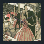 Vintag Art Deco Wedding, Newlyweds First Dance Quadratische Wanduhr<br><div class="desc">Vintage Illustrations-Liebe und romantisches Deko-Design mit einem frisch gekleideten Ehepaar,  das bei der Hochzeitsfeier beim Tanzen in einem formalen Kleid gekleidet ist. Die schöne Braut ist in einem eleganten Kleid aus Abend mit zarten,  rosafarbenen Blume,  und der hübsche Bräutigam befindet sich in einem Tuxedo-Anzug.</div>