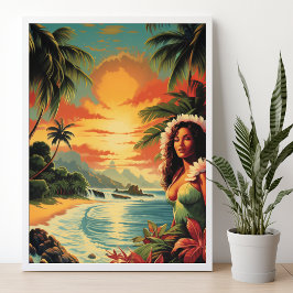Vintag Art Hawaii Beach Hawaiian Girl Travel Poster