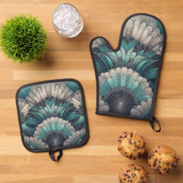 Vintag Art Nouveau Blue Silver Fans Ofenhandschuh & Topflappen-Set