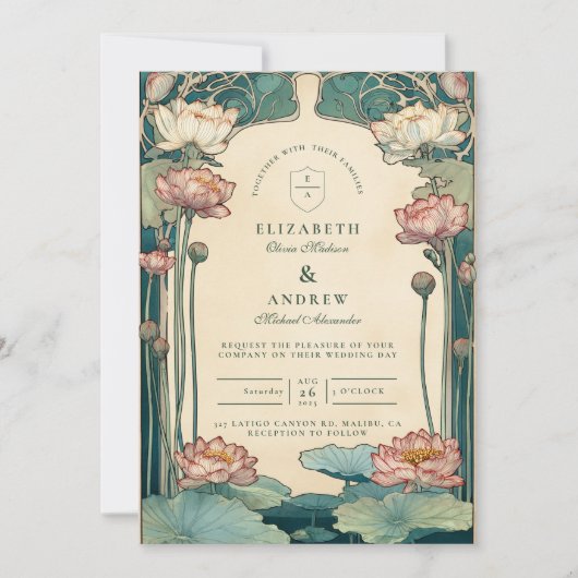 Vintag Art Nouveau Lotus Wedding Einladung (Vorderseite)