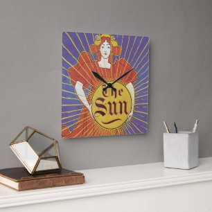 Vintag Art Nouveau, New York Sun Newspapier Quadratische Wanduhr